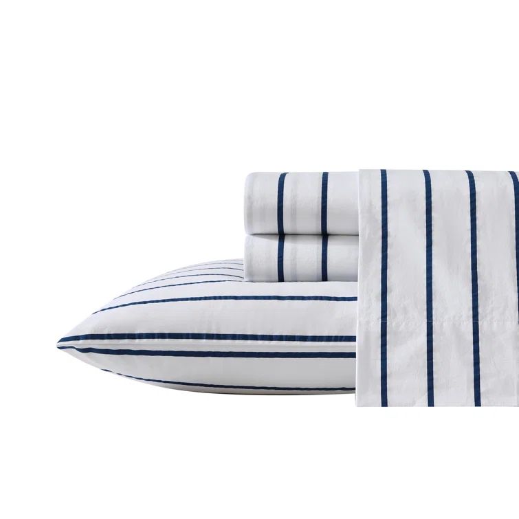 Navy Blue and White Cotton Percale Twin XL Stripe Sheet Set