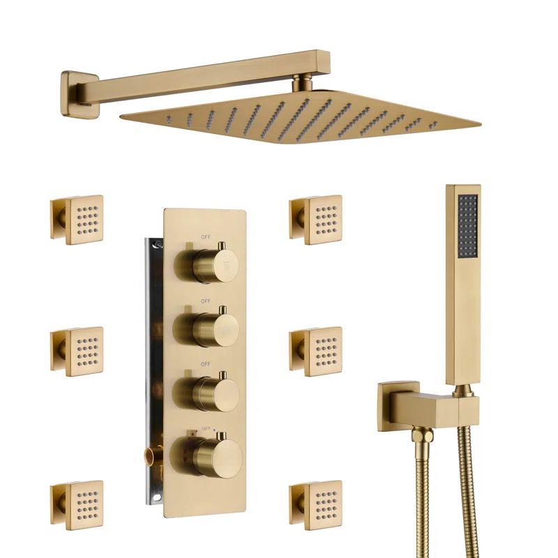 Brushed Gold Dual Square Wall Mounted Shower System with Body Jets