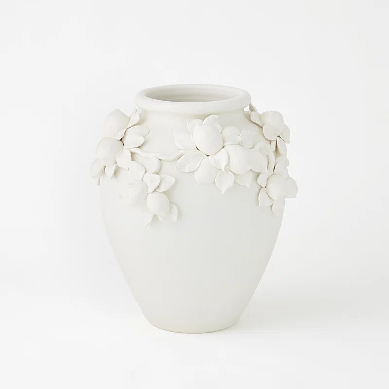 Matte White Ceramic Decorative Urn with Floral Design