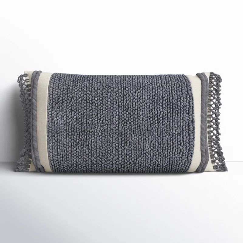 Gray Textured Cotton Lumbar Pillow with Macramé Fringe