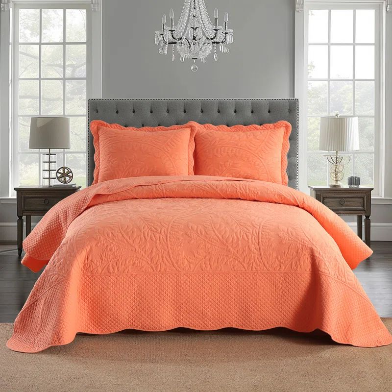 Salmon Cotton King Size Quilt Set with Embroidery