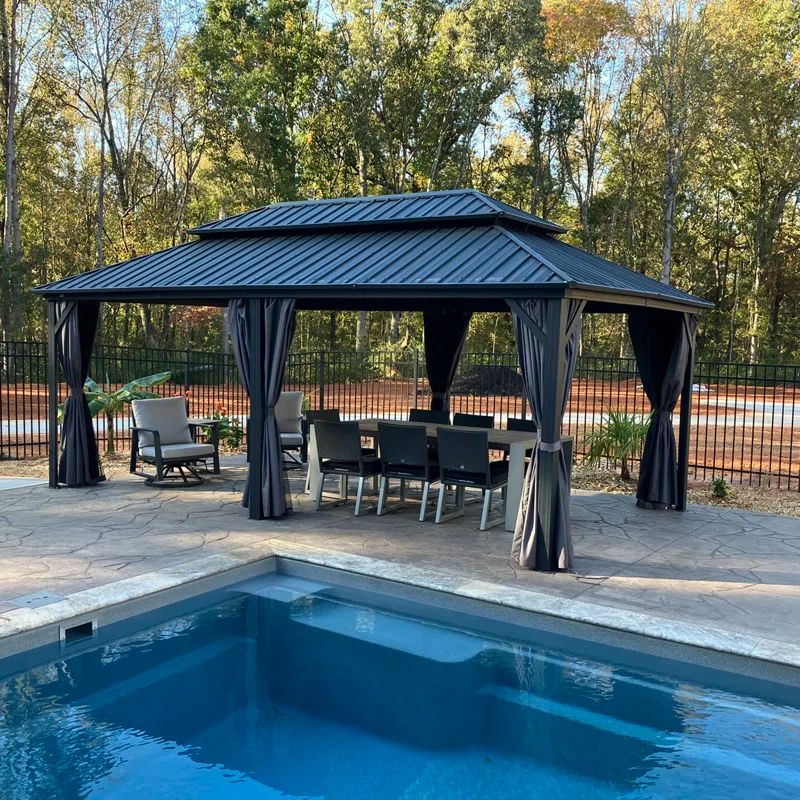 Grey Aluminum 12' x 20' Hardtop Patio Gazebo with Curtains
