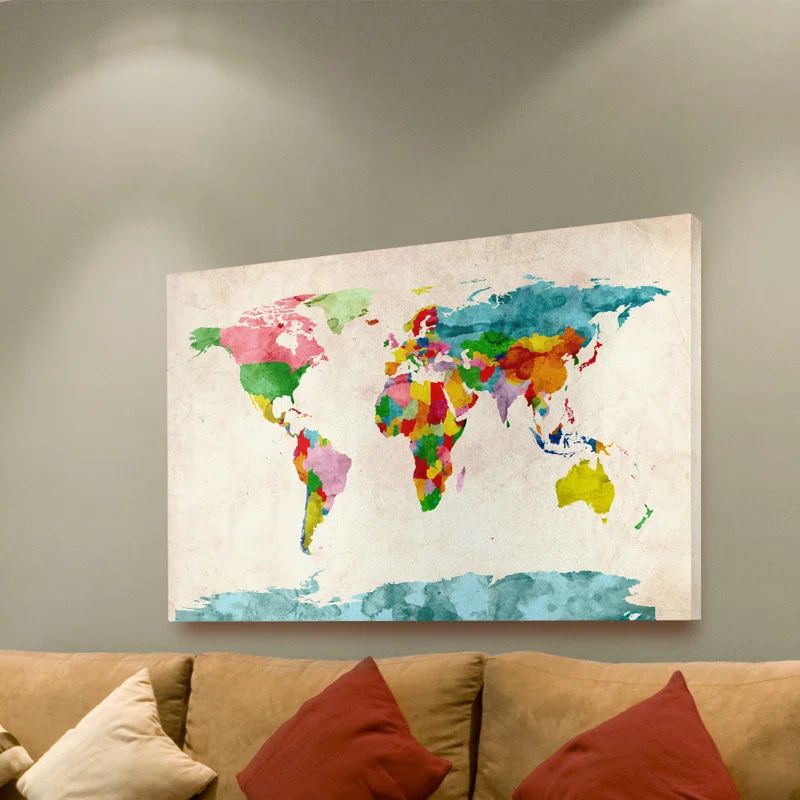 Large Multicolor Watercolor World Map Canvas Art