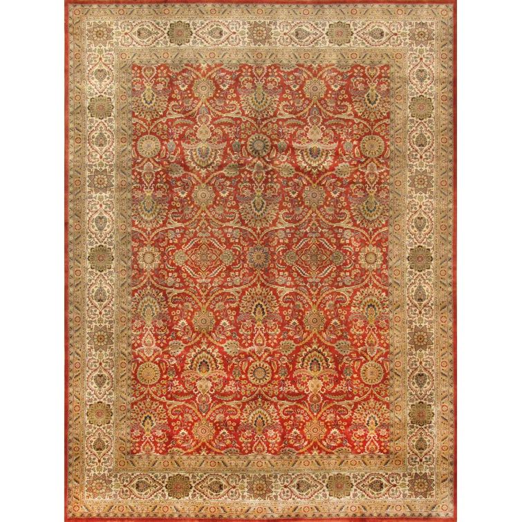 Hand-knotted Ivory and Rust Floral Wool Silk Rug, 9' x 12'