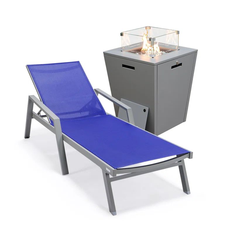 Marlin Navy Blue Aluminum Outdoor Chaise Lounge Chair with Fire Pit Table