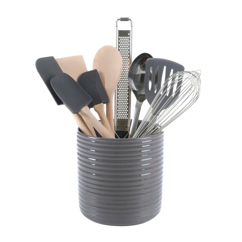 10-Piece Gray Kitchen Utensil Set with Ceramic Crock