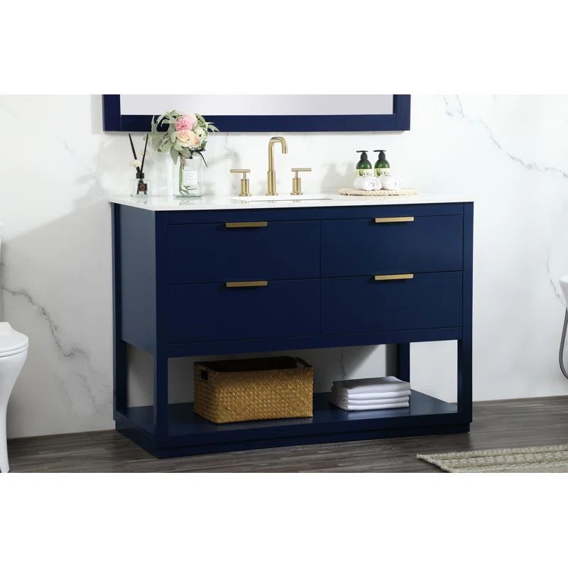 Larkin 48'' Blue Solid Wood Single Bathroom Vanity with Marble Top