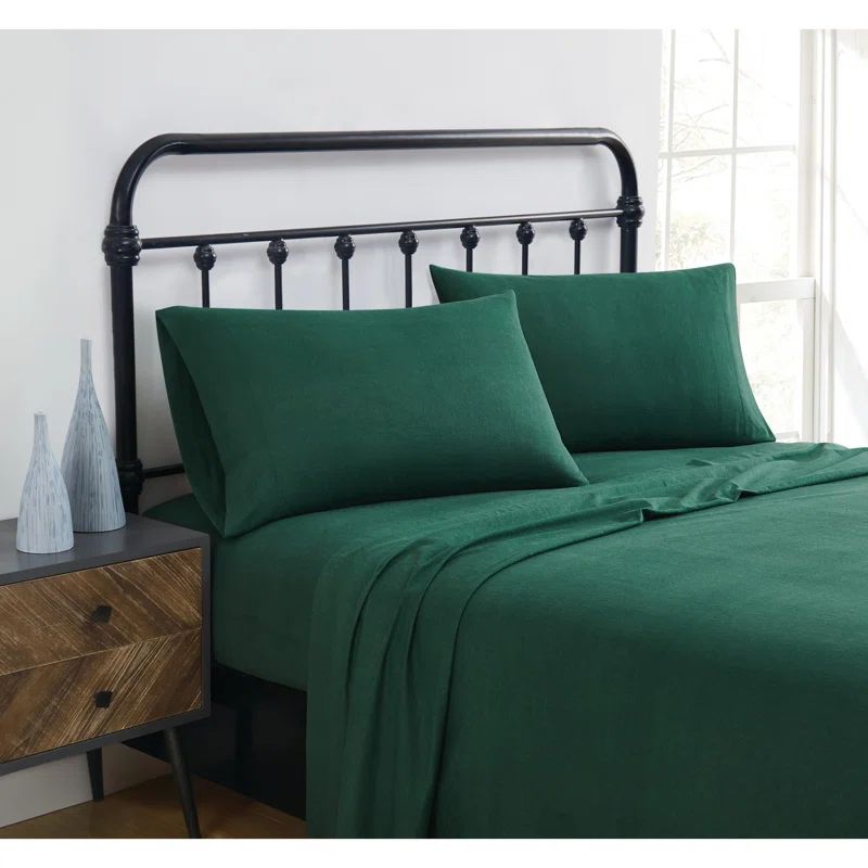 Queen Size Solid Green Cotton Flannel Sheet Set