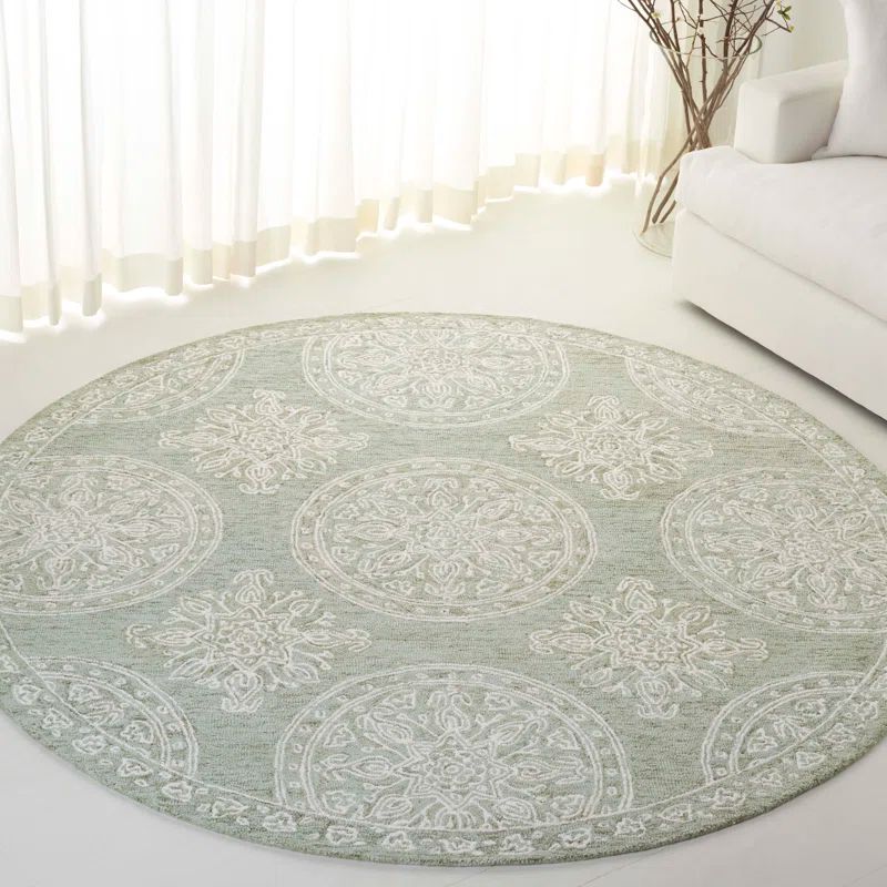 Sage and Ivory Round Hand-Tufted Wool Area Rug, 7'0"