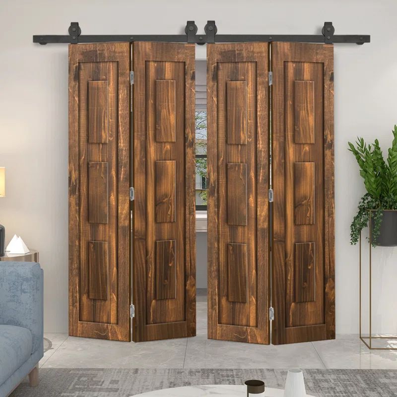Walnut Stained Pine Wood Double Bifold Barn Door with Black Hardware