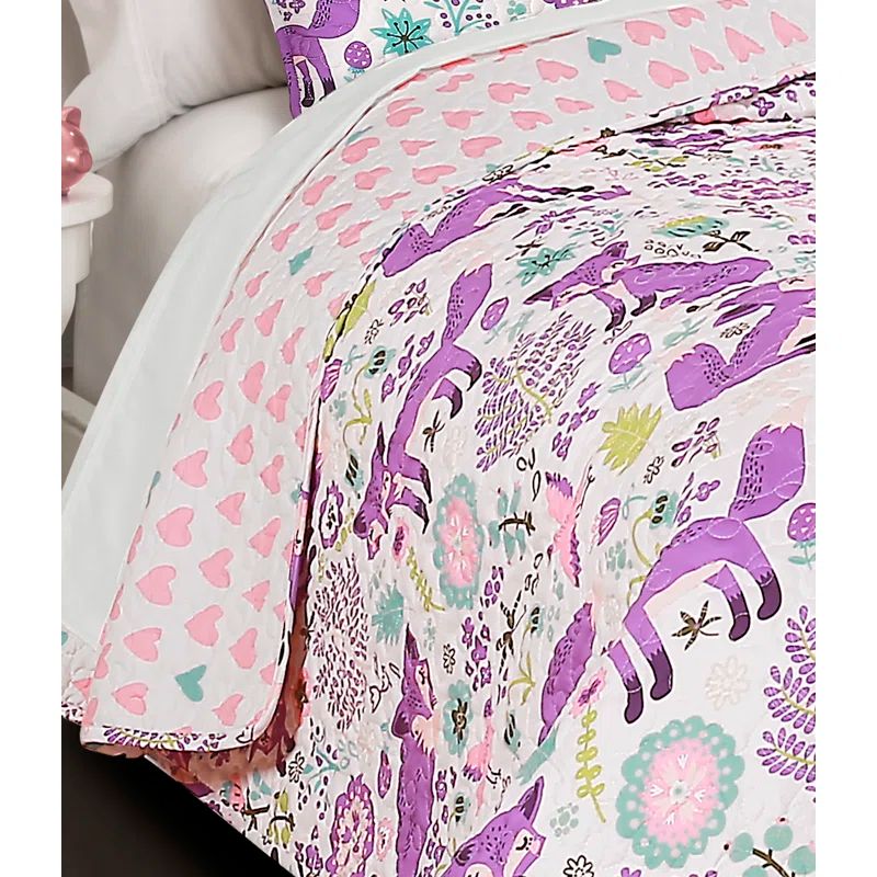 Purple and Pink Fox Print Reversible Twin Quilt Set