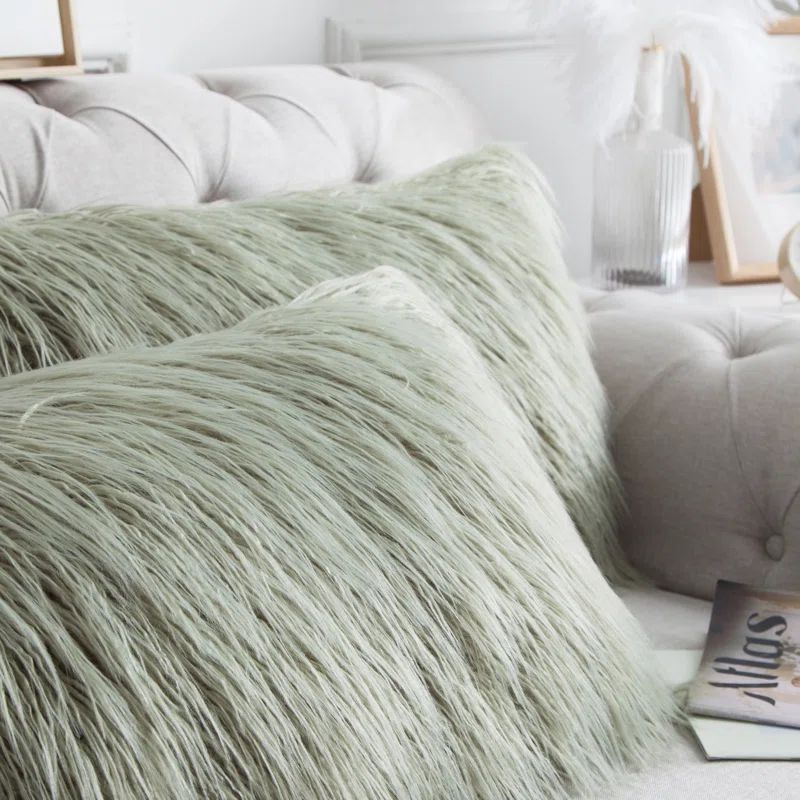 Desert Sage Mongolian Faux-Fur Decorative Pillow Covers Set