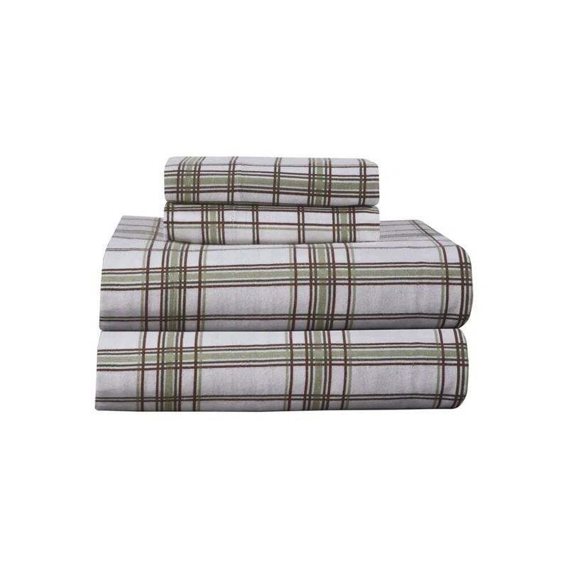 Twin Sage Plaid Heavy Weight Cotton Flannel Sheet Set