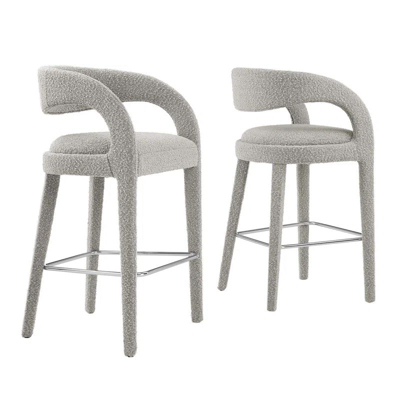 Taupe Silver Boucle Upholstered Bar Stools with Metal Legs, Set of Two