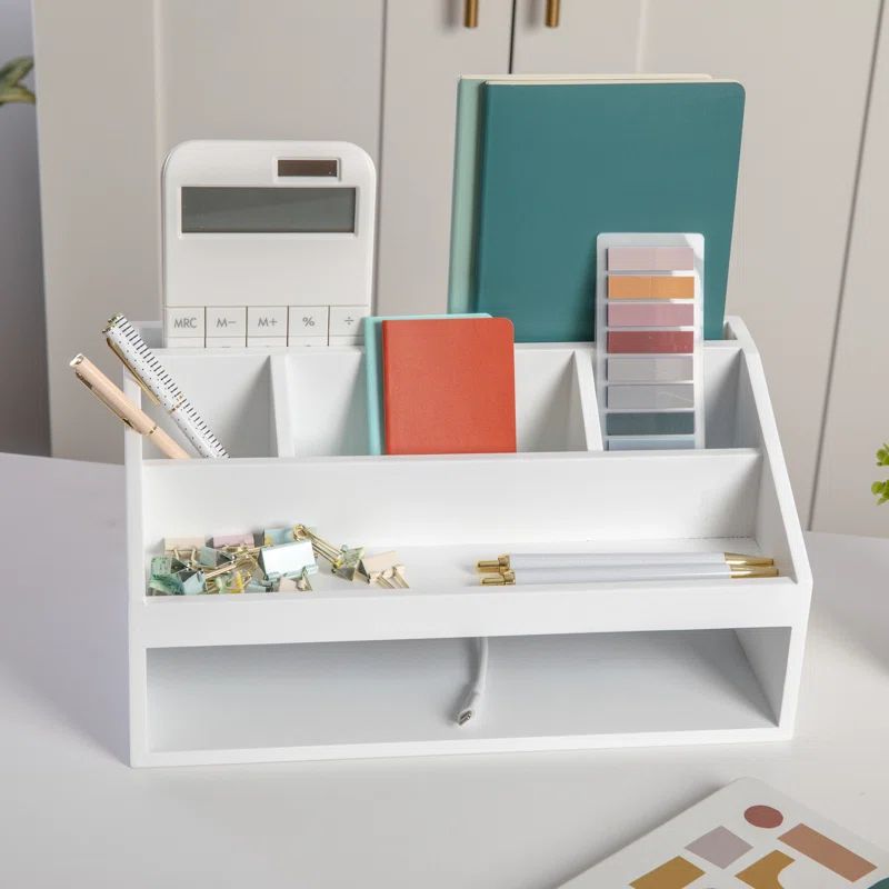 White Wooden Desktop Organizer with Open Storage Compartments