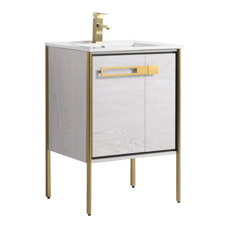 Mild Grey Oak Single Bathroom Vanity with Satin Brass Hardware