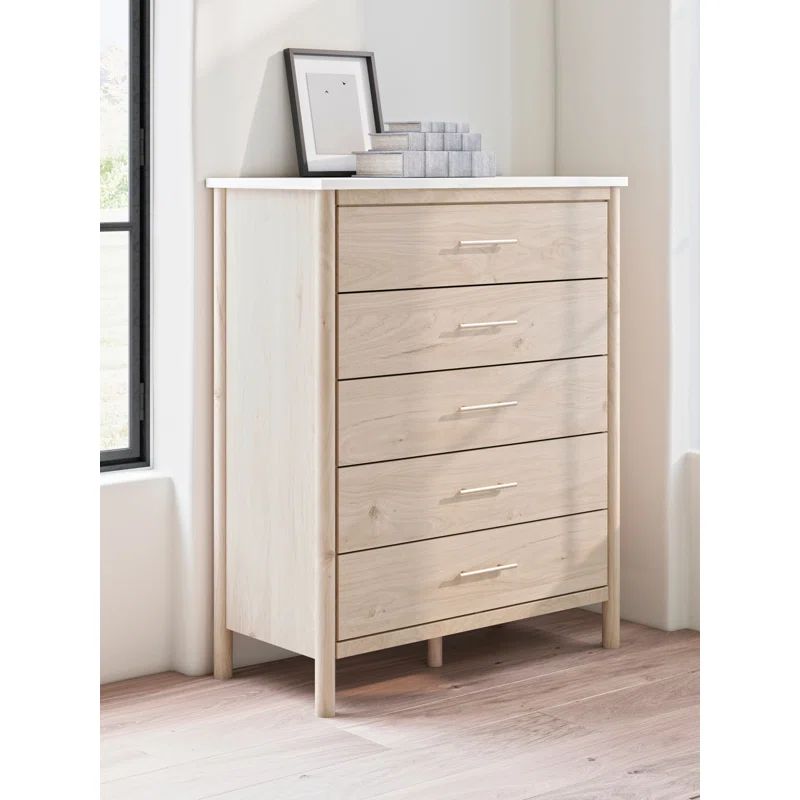 Beige and White Transitional 5-Drawer Chest with Marble Top