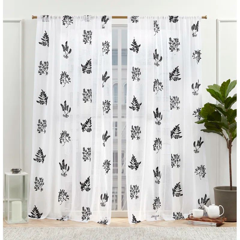 Mabel Black Botanical Sheer Rod Pocket Curtain Panels, 54"x84"