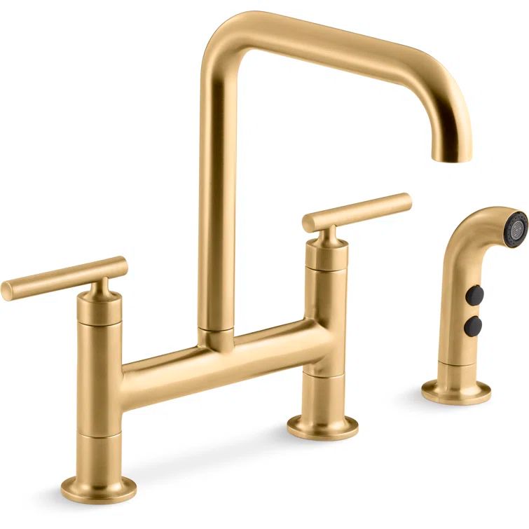 Vibrant Brushed Brass Two-Handle Bridge Kitchen Faucet with Sprayer