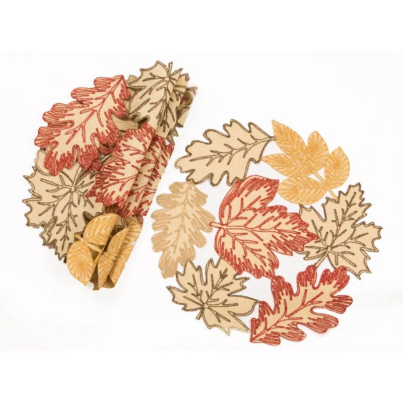 Beige and Orange Fall Leaves Embroidered Fabric Placemats, Set of 4