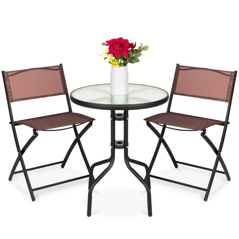 Compact Brown Polyester and Tempered Glass 3-Piece Bistro Set