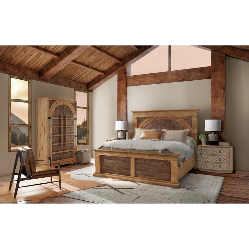 Vintage Natural Pecky Hickory King Bed with Leather Headboard