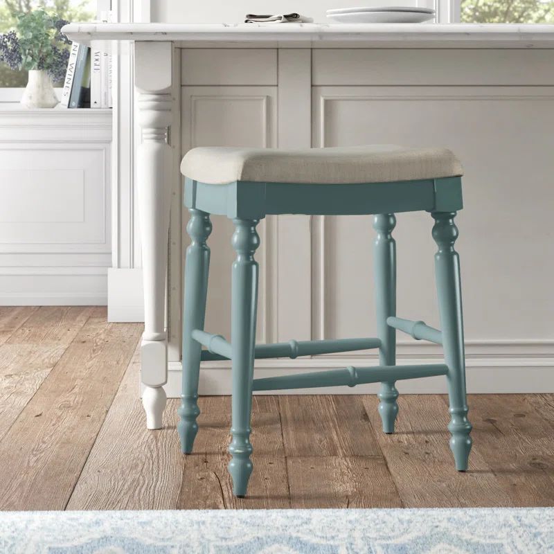 Marino 30" Plush Blue and Wood Elegant Backless Bar Stool