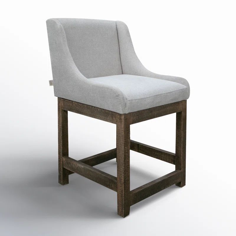 Beige and Gray Upholstered Wood Counter Stool with Cushioned Seat