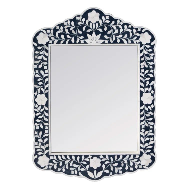 Navy and White Bone Inlay Arched Wooden Accent Mirror