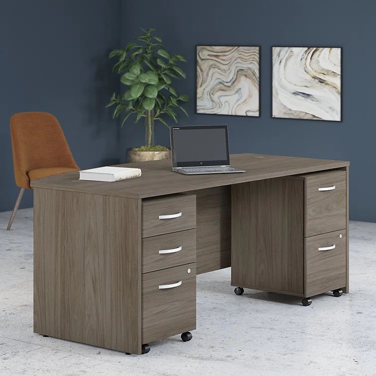 Modern Hickory Engineered Wood Desk Set with Mobile File Cabinets