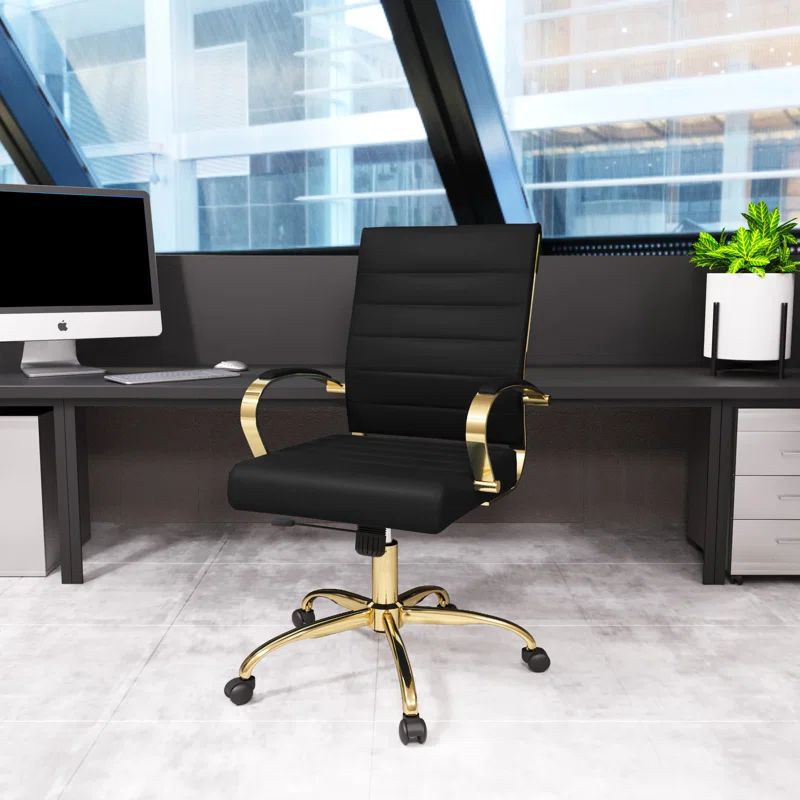 Mid-Century Modern Brown Leather Swivel Office Chair with Gold Metal Frame