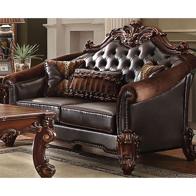 67" Dark Brown Faux Leather Tufted Loveseat with Nailhead Trim