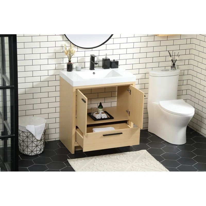 Maple and White Resin Single Bathroom Vanity with Black Handles