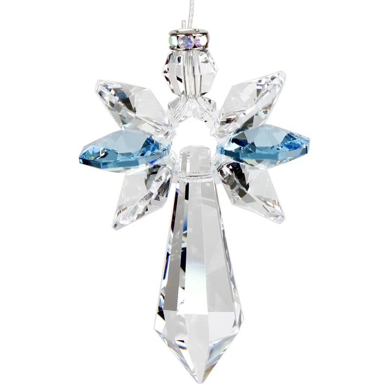Large Aquamarine and Clear Glass Crystal Guardian Angel Suncatcher