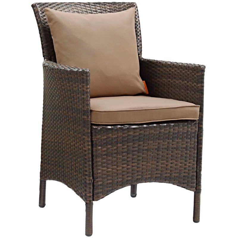 Transitional Brown Mocha Wicker Rattan Dining Armchair with Cushions