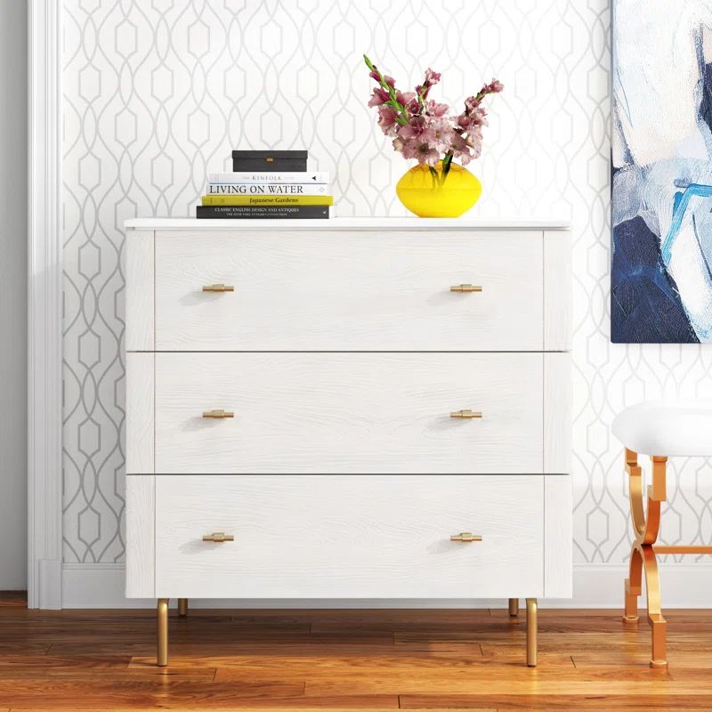 Mid-Century White and Whitewashed 41" Horizontal Dresser with Gold Accents