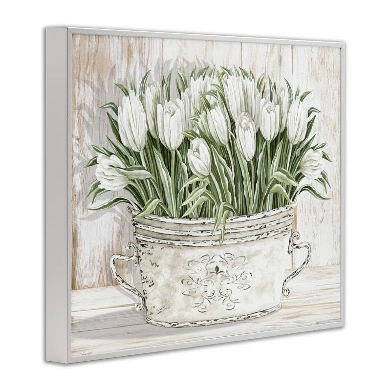 White Tulip Flowers Vintage Tin Painting on Canvas