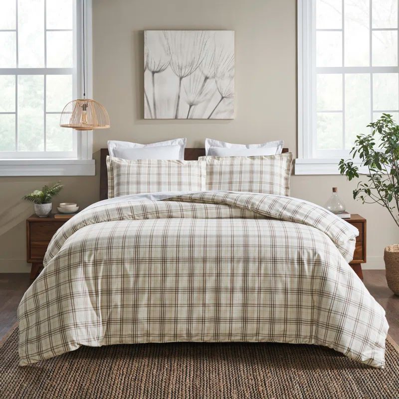 Beige Plaid Flannel Cotton Full/Queen Duvet Cover Set