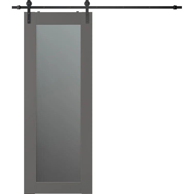 Gray Solid Composite Wood and Frosted Glass Barn Door Kit