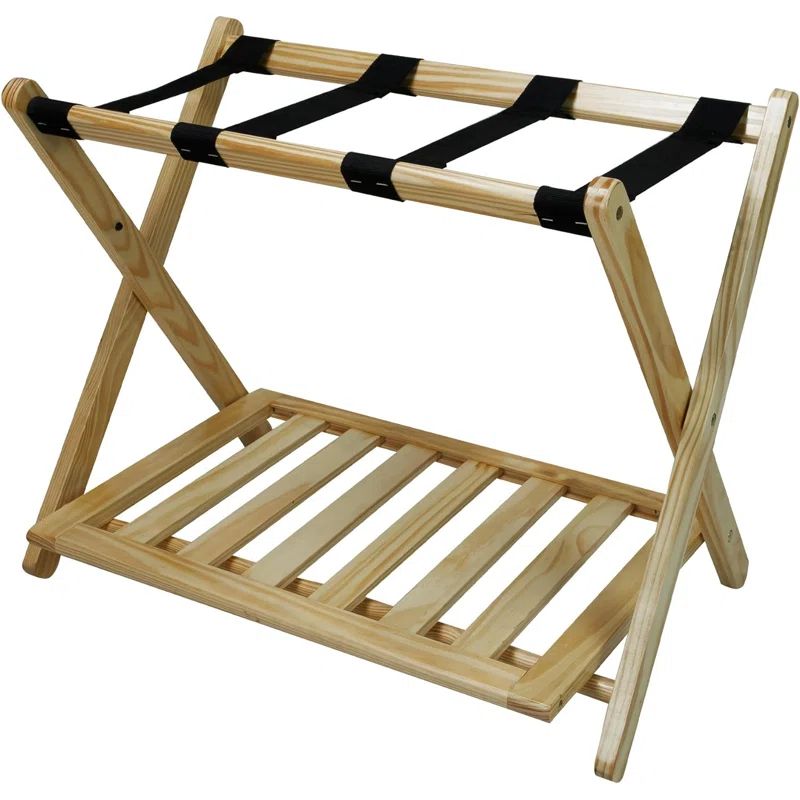 Natural Wood Folding Luggage Rack with Shelf
