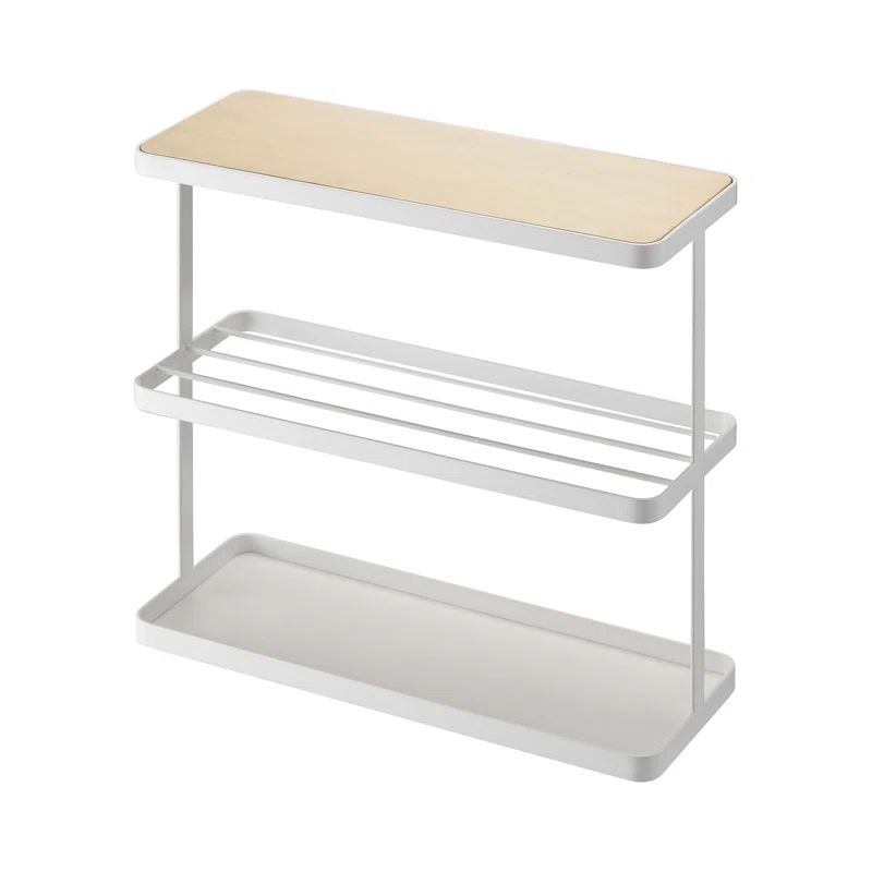 Slim White Metal and Wood Side Table with Storage Shelves