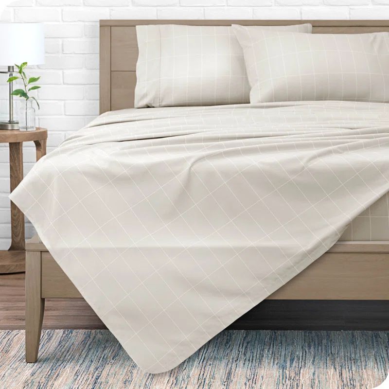 Queen Stone and White Grid Microfiber Sheet Set