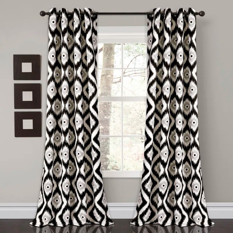 Black Ikat Pattern Room Darkening Polyester Curtains, 52" x 84"