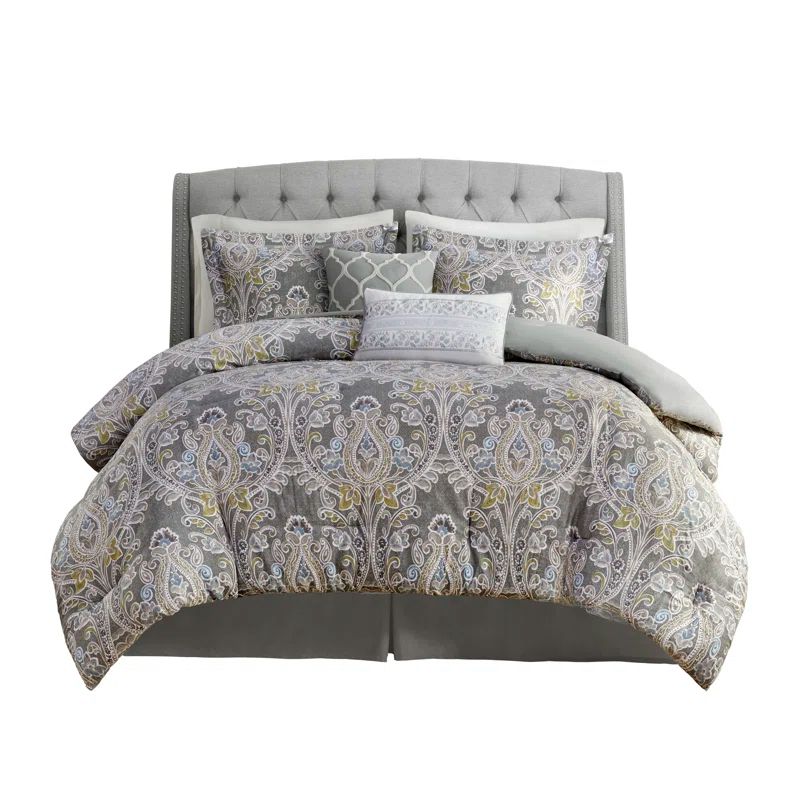 Gray Cotton California King Comforter Set with Damask Pattern
