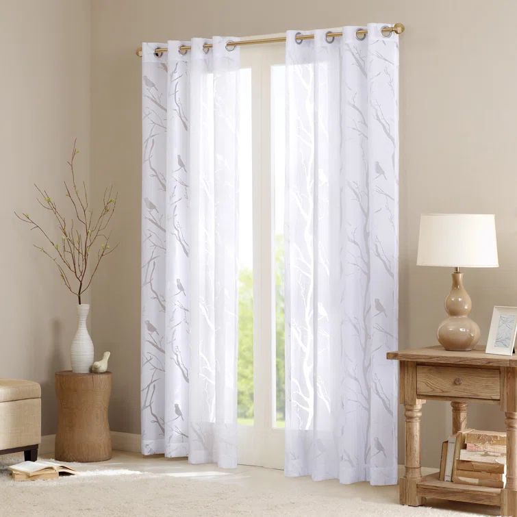 White Sheer Polyester Grommet Top Bird Print Window Panel