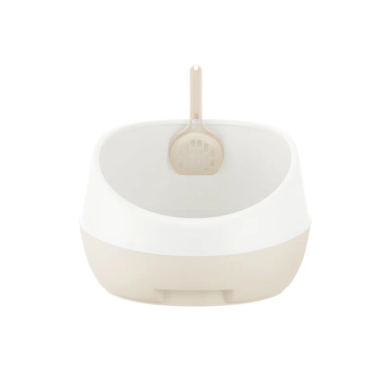 White and Beige High Shield Plastic Cat Litter Pan with Scoop