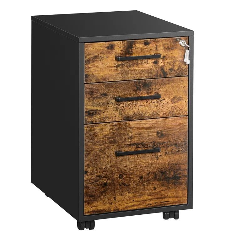 Rustic Brown and Black 3-Drawer Lockable Mobile File Cabinet