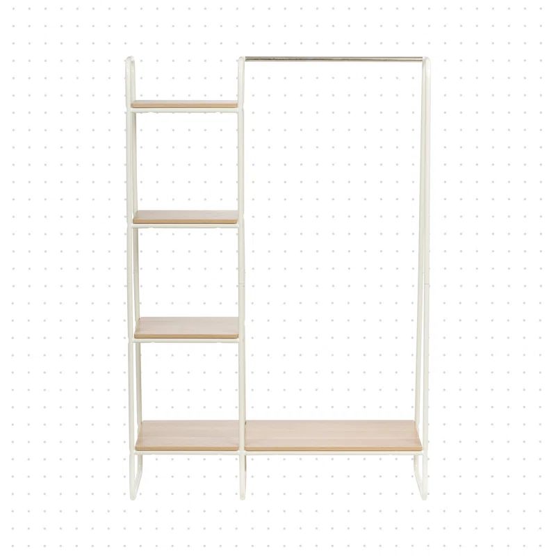 White Metal Garment Rack with Light Brown Wood Shelves