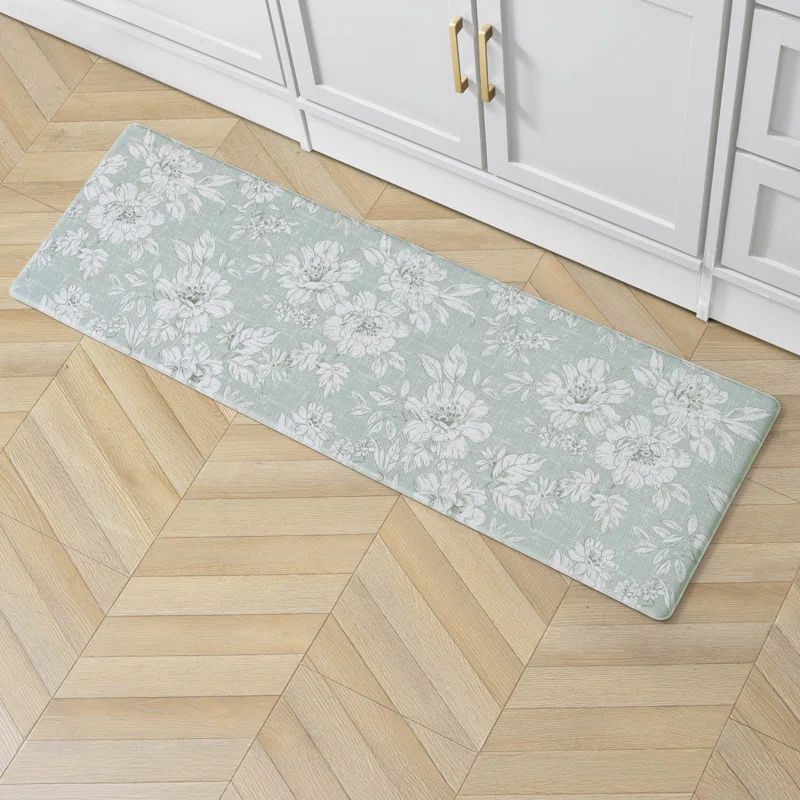 Sage Green Floral Anti-Fatigue PVC Kitchen Mat, 17.5" x 48"