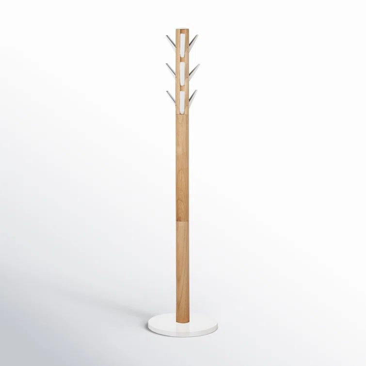 Sleek Modern White/Natural Rubberwood 9-Hook Coat Stand